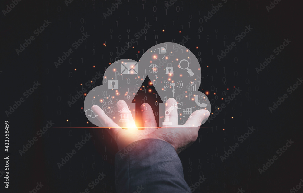 Poster businessman holding virtual cloud computer with icons for download and upload application, technolog