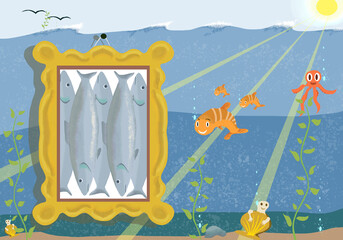 Alter Bilderrahmen mit dicht geschichteten Fischen, aus dem Rahmen fallen frei lebende Fische, Muscheln, Tintenfisch im Meer illustration