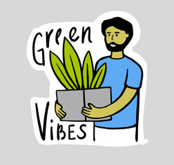 Man stands with pot of plants. Eco emblem. Person nature care concept. Green vibes sticker