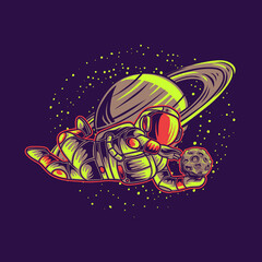 t shirt design astronaut with planet background football illustration