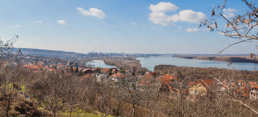 Panoramic view of Belgrade, Serbia, Danube river, beautiful blue sky with clouds