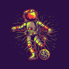 t shirt design astronaut flips kicking the moon football illustration