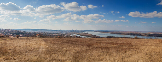 Panoramic view of Belgrade, Serbia, Danube river, beautiful blue sky with clouds