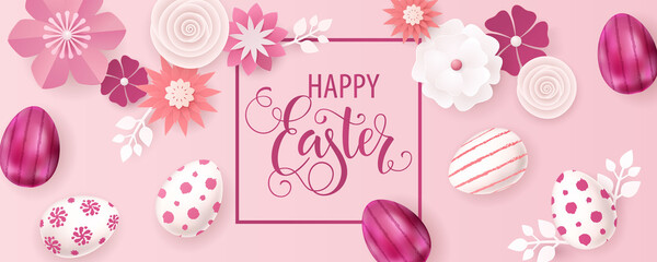 Happy Easter lettering, painted eggs. Spring holidays, Easter background. Vector illustration EPS10. 