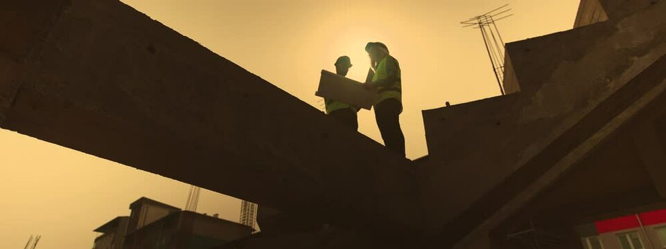 Silhouettes of a Male and Female Engineers discussing at the construction site.