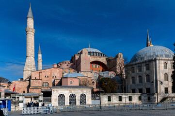Naklejka premium Close up of Hagia Sophia Grand Mosque main entrance queue exterior