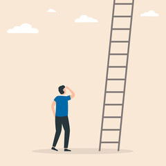 Businessman stands in front of ladders. Conquer new heights. Business concept of career development, growth, opportunity.