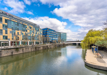 Modern style buildings on the edge of the river in Bristol, UK