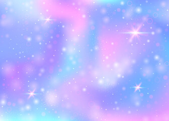 Unicorn background with rainbow mesh. Mystical universe banner in princess colors. Fantasy gradient backdrop with hologram. Holographic unicorn background with magic sparkles, stars and blurs.