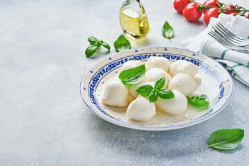 Mozzarella cheese with basil in white ceramic plate and tomato cherry on slate stone background, copy space. Mock up. Ingredients for Caprese salad.