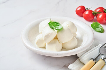 Fototapeta na wymiar Mozzarella cheese with basil in white ceramic plate and tomato cherry on slate stone background, copy space. Mock up. Ingredients for Caprese salad.