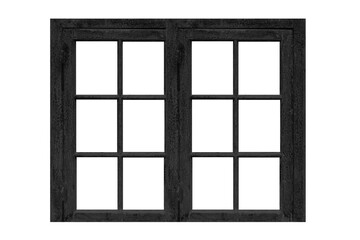 Vintage black painted old wooden window frame isolated on a white background