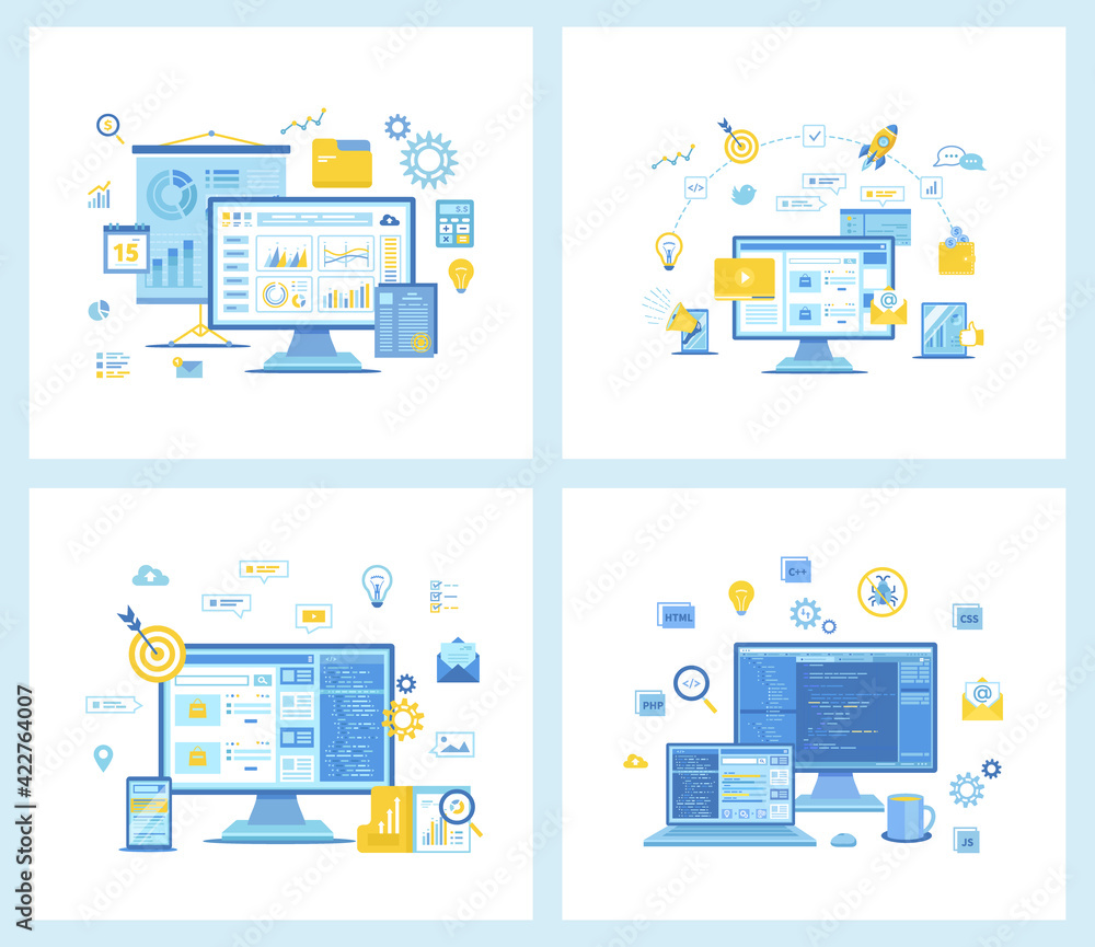 Poster set of flat vector illustrations for data analysis, accounting, analytics. digital marketing, social