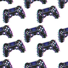 Game controller, gamepad with sticks and buttons, game controller seamless background. With a digital effect. With an interference effect. © Igor