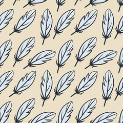 Hand-drawn Boho style feathers, seamless background. Hippie style. Suitable for the design of fabrics, wallpaper, backdrops, wrappers, etc.
