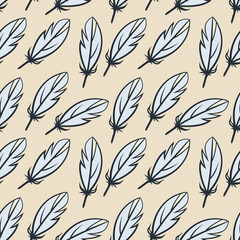 Hand-drawn Boho style feathers, seamless background. Hippie style. Suitable for the design of fabrics, wallpaper, backdrops, wrappers, etc.