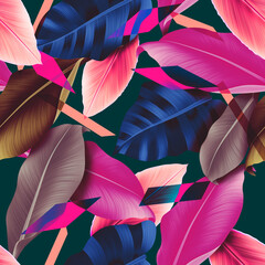 Geometrical seamless pattern with floral elements. Tropical background in contemporary style. Artistic and unique floral pattern design. Exclusive stylish texture.