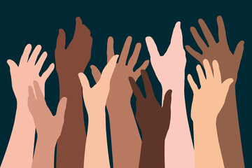 Concept de la fraternité humaine, avec des silhouettes de mains levées de différentes ethnies, pour symboliser la diversité et la lutte contre le racisme. - obrazy, fototapety, plakaty