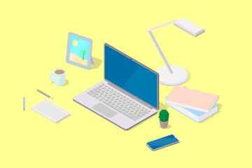 A simple isometric illustration of a remote work or training workplace at home
