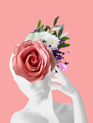 Collage with statue and flowers isolated on light pink background. Silhouette, floral elements