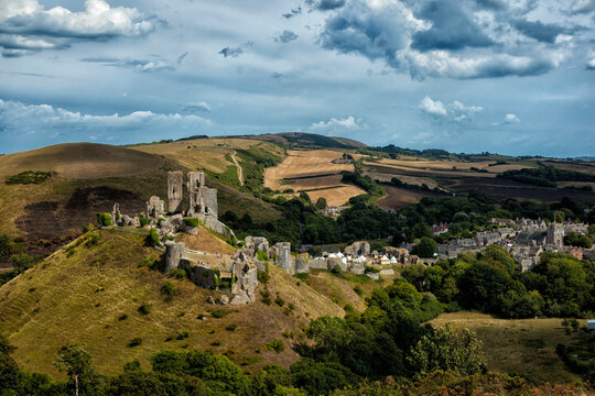 Ruins of the Corfe castle in County Dorset, UK