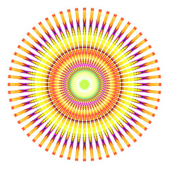 Creative multicolored points round symbol. Abstract symmetrical logo. Mosaic colorful beautiful beads. Circle dots modern pixel floral art icon. Colored pattern ornament wheel decorative illustration.