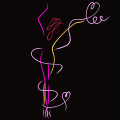 girl standing on tiptoes, a ribbon with hearts twists around her slender body