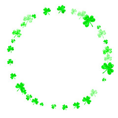 St patricks day background with shamrock. Lucky trefoil confetti. Glitter frame of clover leaves. Template for special business offer, banner, flyer. Festive st patricks day backdrop.