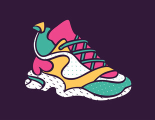 Hand drawn vector trendy illustration of sneaker in bright colors on a purple background. Fashion stylish platform shoes. Cartoon style