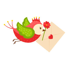 A bright cartoon bird carries a letter heart and a red flower in its beak. The concept of pleasant news, valentines. A symbol of love. Color vector illustration. Isolated on a white background.