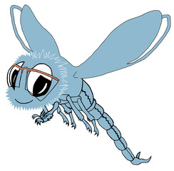 Dragonfly, light blue dragonfly, cartoon insect with orange glasses, funny insect with wings. Print on clothes, T-shirts, a picture on the wall.