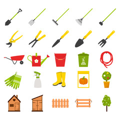 Set of icons on the theme of gardening and growing plants. Collection of rural, garden tools. Fence, box, Apple tree, seeds, fertilizers. Vector illustrations in flat cartoon style. Isolated on white.