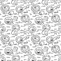 Cute wild  lions background. Seamless pattern with  doodle leo characters. Sketchy style vector illustration for childish objects, t-shirts, textile. African landscape drawing