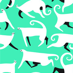 Seamless patternt with doodle cats. Background with running  kitten in cute flat style. Vector illustration for backdrops, surfaces, wrapping, fabric, prints