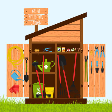 Wooden shed on the lawn with open doors. Gardening tools are stacked inside on shelves and hung on the door. A wooden sign with the words-grow your own garden. . Vector illustration in a flat style