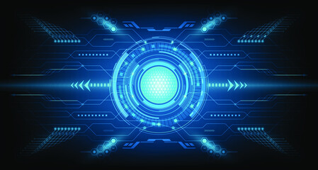 Abstract Digital circuit technology future, system data connection interface computer on dark blue background