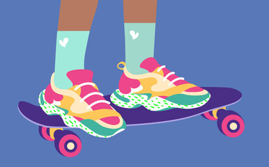 Female or male legs in the sneakers on skateboard. High mint socks with heart print.  Hand drawn vector colored trendy illustration. Cartoon style