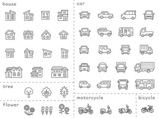 家と車と二輪車と植物のアイコンセット(ぬりえ用未拡張の線のみ)分類バージョン