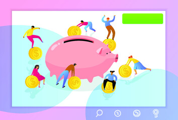 Web page template with managers making money. Concept with people collecting money to the pigggy bank. Vector illustration for business teamwork themes,  mobile app, banner, ui and ux design. - 422767084
