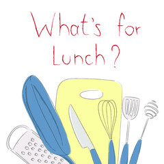 Vector illustration with kitchen tools and handwritten what's for lunch text