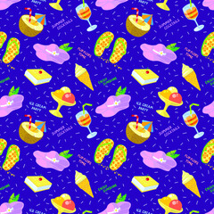 Seamless patternt with summer objects. Background with ice cream, flip flop, hat and cocktail  in cute cartoon style. Vector illustration for seasonal designs, backdrops, surfaces - 422767498