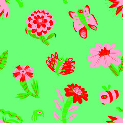 Floral seamless pattern with insects. Background of abstract flowers and leaves, butterfly and bee.Vector illustration in decorative flat style. Background for spring and summer seasonal designs - 422767606
