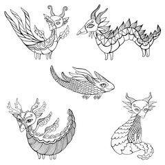 Set of five fantasy Dragons coloring page for kids and adults, isolated on white.