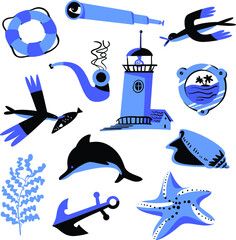 Set with nautical objects. Marine collection with spyglass, starfish, seagulls, shell and alga. Vector illustration in flat style for stickers, backdrops, labels, summer collections and sales