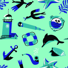 Seamless pattern with nautical objects. Marine background with spyglass, starfish, seagulls, shell and alga. Vector illustration in flat style for textile, wallpapers, surface design - 422767853