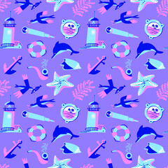 Seamless pattern with nautical objects. Marine background with spyglass, starfish, seagulls, shell and alga. Vector illustration in flat style for textile, wallpapers, surface design - 422767859