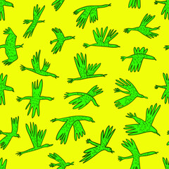 Doodle birds seamless pattern. Background  with funny flying animals in the sky. Vector illustration in cute hand drawn incomplete children style. Design element for wrapping, textile, fabric and surf - 422767888