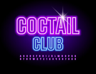 Fototapeta na wymiar Vector bright logo Cocktail Bar. Light Tube Font. Neon Alphabet Letters and Numbers set