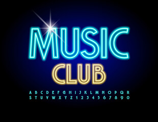 Vector neon flyer Music Club. Blue light Font. Glowing Alphabet Letters and Numbers set