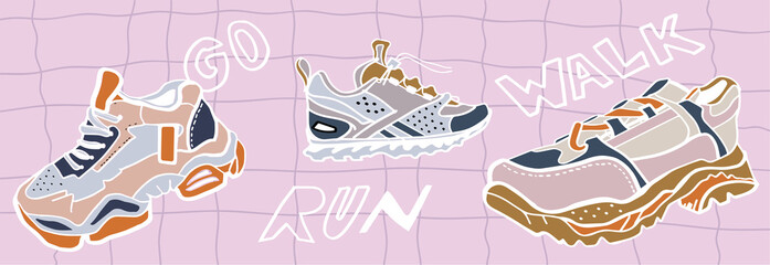 Hand drawn vector trendy illustration of sneakers in pastel colors on a pink background. Fashion stylish platform shoes. Cartoon style